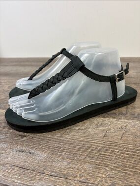 Rainbow Sandals Black Braided Leather T-Strap Sandals Size 8